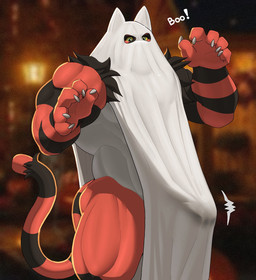 anthro bedsheet_ghost big_bulge bulge claws detailed_bulge front_view fur genital_outline ghost_costume holidays male muscular muscular_anthro muscular_male penis_outline red_body red_fur solo standing tenting huskero halloween nintendo pokemon felid feline generation_7_pokemon incineroar mammal pokemon_(species) hi_res