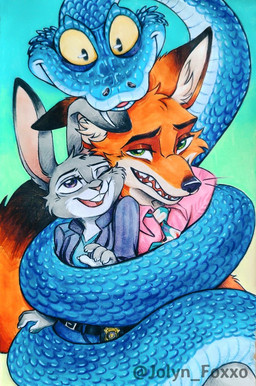 accessory anthro buckteeth clothed clothing female grey_body group hug looking_at_viewer male necktie one_eye_closed open_mouth purple_eyes shirt simple_background smile teeth topwear trio jolyn_foxxo disney zootopia gary_de'snake judy_hopps nick_wilde canid canine fox lagomorph leporid mammal pit_viper rabbit red_fox reptile scalie snake true_fox viper painting_(artwork) traditional_media_(artwork) traditional_painting_(artwork) traditional_watercolor_(artwork) watercolor_(artwork)