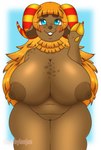 anthro areola big_breasts blue_background blue_eyes breasts brown_areola brown_body brown_fur brown_nipples curved_horn eyebrows eyelashes female floppy_ears freckled_breasts freckled_face freckles front_view fur genitals gesture hair hooves horn huge_breasts long_hair looking_at_viewer lop_ears nipples nude orange_hair pussy red_horn rosy_cheeks simple_background slightly_chubby smile solo striped_horn stripes thick_eyebrows thick_thighs waving waving_at_viewer white_background wide_hips yellow_hooves yellow_horn chubbylonjas animal_crossing nintendo frita_(animal_crossing) bovid caprine mammal sheep hi_res