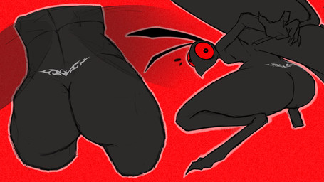 anthro black_body butt butt_tattoo male red_eyes simple_background solo surprised tattoo wings polt.avi mothman arthropod cryptid insect lepidopteran moth 16:9 2024 4k absurd_res hi_res widescreen