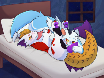 anthro bed duo furniture looking_at_another male male/male teasing mr.hp mythology aldy_(aldyderg) yaz_(briskecho) amur_carp carp cyprinid cypriniform dragon fish koi marine mythological_creature mythological_scalie scalie typical_carp absurd_res hi_res