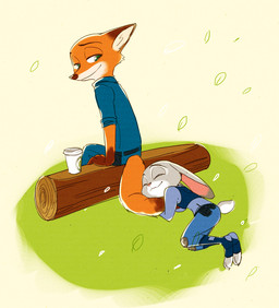 ambiguous_gender anthro bottomwear cheek_tuft clothing container cup dipstick_ears duo ear_markings eyes_closed facial_tuft fur gloves_(marking) green_eyes grey_body grey_fur leaf log looking_at_another markings multicolored_ears orange_body orange_fur pants pink_nose police police_uniform scut_tail shirt short_tail simple_background sitting sleeping smile tail tail_grab toeless_legwear topwear tuft uniform wood tomatoztp disney zootopia judy_hopps nick_wilde canid canine fox lagomorph leporid mammal rabbit red_fox true_fox letterbox