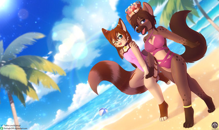 anklet anthro beach bell bell_collar blush breasts clothing collar crown duo dutch_angle eyewear female glasses gold_(metal) gold_jewelry hand_holding headgear jewelry long_tail looking_at_viewer male one_eye_closed palm_tree plant rainbow round_glasses sand sea smile tail text tree walking water senz felid feline hyena mammal absurd_res hi_res url
