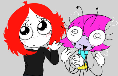 4_arms anthro big_eyes black_clothing black_lips black_sweater black_topwear blue_clothing blue_shirt blue_topwear bottomwear clothing duo excited_expression eyelashes female freckled_face freckles gloves hair handwear kiss_mark lips multi_arm multi_limb pink_hair puffed_cheeks purple_body purple_skin red_hair shirt skirt sweater t-shirt topwear white_body white_clothing white_gloves white_handwear white_skin yellow_bottomwear yellow_clothing yellow_skirt thexxmixx disney ruby_gloom_(series) the_buzz_on_maggie maggie_pesky ruby_gloom arthropod fly_(animal) human insect mammal 2025 crossover