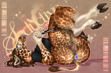 anal anal_penetration anthro black_clothing black_shirt black_t-shirt black_topwear bodily_fluids brown_body brown_fur brown_hair buttplug buttplug_in_ass buttplug_insertion clothing eyewear female female_anthro fur genital_fluids genitals glasses hair humanoid_genitalia humanoid_vulva lying narrowed_eyes object_in_ass on_back orange_eyes penetration plug_(sex_toy) plug_insertion purple_tongue sex_toy sex_toy_in_ass sex_toy_insertion shirt solo t-shirt tail tail_tuft tongue tongue_out topwear tuft undressing vaginal_fluids vulva white_body white_fur huskii-s giraffe giraffid mammal hi_res signature