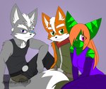 anthro belt blue_eyes bottomwear breasts clothing eyebrows female fur green_body green_eyes green_fur green_markings grey_body grey_fur hair long_hair male markings orange_body orange_fur orange_hair pants pink_eyes pink_nose shirt sitting topwear white_hair zipper blackwingedheart87 nintendo ratchet_and_clank sony_corporation sony_interactive_entertainment star_fox fan_character fox_mccloud wolf_o'donnell canid canine canis fox lombax mammal wolf hi_res signature