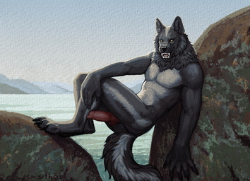 animal_genitalia animal_penis anthro canine_genitalia canine_penis claws fangs fluffy fluffy_tail fur genitals grey_body grey_fur grin lichen male moss penis plant rock sea smile smiley_face solo tail teeth water white_body yellow_eyes cu_sith_(artist) canid canine canis mammal mephitid skunk wolf hi_res