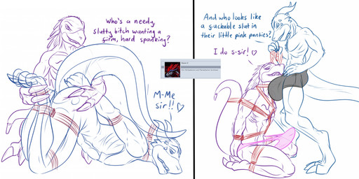 anthro arms_tied aroused balls bdsm bdsm_gear belt big_balls big_bulge big_penis big_tail bondage bottomwear bound bulge butt_slap clothed clothing collar curled_up detailed_bulge dominant dry_humping duo erection face_fucking genitals grin grinding hand_on_hip hogtied humping irrumatio kneeling leash leash_pull legs_tied male male/male master nude oral panties penile penis penis_in_mouth pink_clothing pink_panties pink_underwear role_reversal sex shorts skimpy slap slave slutty_eyes smack smacking_ass smile smirk spanking stretchy_fabric submissive tail tail_tied taking_turns thick_tail throbbing tight_bottomwear tight_bulges tight_clothing tight_shorts tight_underwear underwear conditional_dnp samagthrav2 bandai_namco digimon digimon_(species) flamedramon strikedramon hi_res