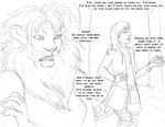 anthro belly_scales breasts clothed clothing dialogue duo female forest fur hair hoodie kilt male navel outside plant scales scuted_hands scuted_legs scuted_tail scutes text topwear tree whiskers arania the_cabin_in_the_woods_(arania) amanda_(tcitw) jack_(tcitw) armadillo_girdled_lizard felid girdled_lizard humanoid lion lizard mammal pantherine reptile scalie comic english_text hi_res monochrome