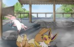 after_sex blush bodily_fluids cum cum_drip cum_in_pussy cum_inside detailed_background dripping drooling duo eevee eeveelution female female_penetrated feral from_front_position fucked_silly generation_1_pokemon generation_6_pokemon genital_fluids hot_spring jolteon koorinezumi looking_pleasured lying male male/female male_penetrating male_penetrating_female missionary_position nintendo on_back pawpads penetration penile penile_penetration penis_in_pussy pokemon pokemon_(species) saliva sex sylveon vaginal vaginal_penetration water
