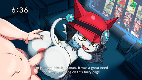 anal anal_penetration anthro armor balls big_butt big_penis black_claws black_clothing black_gloves black_handwear black_toe_claws blue_tail blue_tuft butt claws clothing computer computer_monitor duo electronics fake_screencap fangs from_behind_position fur genitals gloves grey_nose grey_tail half-closed_eyes hand_on_butt handwear headgear helmet high-angle_view inside looking_pleasured male male/male male_penetrated male_penetrating male_penetrating_male multicolored_tail narrowed_eyes neck_tuft nude penetration penile penile_penetration penis penis_in_ass platform_standing_doggystyle rear_view red_helmet screen sex sharp_teeth standing standing_doggystyle standing_sex tail tan_body tan_skin teeth text thick_thighs three-quarter_view toe_claws tongue tuft white_body white_fur white_tail yellow_eyes nekoni bandai_namco digimon e621 appmon appmon_(species) digimon_(species) gatchmon human mammal 16:9 2025 digital_media_(artwork) e621_post_recursion english_text hi_res widescreen