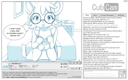 anthro bed bedroom biped buckteeth cam_show camera_view camgirl cellphone chair chat chat_box clothed clothing clothing_pull dress electronics eyewear female flashing flat_chested furniture glasses kneeling livestream looking_at_viewer nipples office_chair phone recording shirt shirt_pull smartphone solo teeth text topwear topwear_pull young young_anthro aogami cubcam bella_mouse house_mouse mammal mouse murid murine rodent 16:10 2018 absurd_res digital_media_(artwork) english_text hi_res url widescreen
