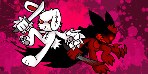 anthro blood blood_on_object blood_on_weapon bodily_fluids claws duo female red_body red_eyes sharp_teeth teeth weapon white_body masshirohoshi 2spot_studio bloody_bunny_(series) pretty_blood bloody_bunny elma_(pretty_blood) bat lagomorph leporid mammal rabbit