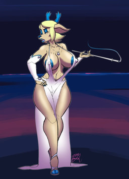 anthro big_breasts blonde_hair breasts clothed clothing dress female hair hooves horn jewelry lipstick makeup mature_female navel navel_piercing necklace piercing skimpy smoking solo stretch_marks wayesh deltarune undertale_(series) carol_holiday deer mammal
