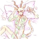 ambiguous_nudity anthro blush looking_offscreen lying male nude pillow simple_background solo tattoo beastars melon_(beastars) antelope bovid felid gazelle hybrid leopard mammal pantherine 1:1