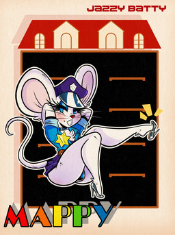 anthro big_ears blue_clothing blue_eyes blue_eyeshadow blue_hat blue_headwear blue_shirt blue_topwear blush bottomwear buckteeth bulge chest_tuft clothing eyelashes eyeshadow femboy footwear fur hands_behind_back hat headgear headwear heelpop high_heels loose_footwear makeup male markings mole_(marking) police police_badge police_hat police_officer police_uniform purple_bottomwear purple_clothing purple_skirt red_nose shirt shoe_dangle shoes sitting skirt solo tail teeth text topwear tuft uniform whiskers white_body white_fur jazzybatty mappy mappy_(character) mammal mouse murid murine rodent 2025 absurd_res english_description hi_res