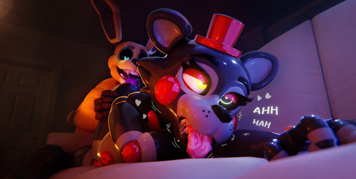 ahegao anthro black_body blue_eyes bodily_fluids breasts clothing crossgender drooling duo eyeshadow fangs female furniture glistening glistening_arms glistening_body glistening_breasts glistening_ears glistening_face glowing glowing_eyes hand_on_another's_butt hand_on_butt hat headgear headwear heart_symbol licking looking_pleasured lying lying_on_sofa machine makeup male male/female medium_breasts moan mtf_crossgender nipples on_front on_sofa open_mouth purple_tongue red_eyeshadow red_nipples saliva saliva_on_tongue saliva_string sofa teal_eyes teeth text tongue tongue_out top_hat yellow_body yellow_eyes vincead jizzyfox_(modeler) five_nights_at_freddy's freddy_fazbear's_pizzeria_simulator into_the_pit scottgames lefty_(fnaf) spring_bonnie_(fnaf) yellow_rabbit_(into_the_pit) animatronic bear lagomorph leporid mammal rabbit robot robot_anthro 3d_(artwork) digital_media_(artwork) english_text hi_res