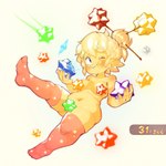 accessory belly blonde_hair breasts clothing crumbs eating female gijinkafied hair hair_accessory hair_bun legwear long_ears mostly_nude navel one_eye_closed solo star_bit thigh_highs yellow_body onimiere mario_bros nintendo super_mario_galaxy humanoid luma 1:1 absurd_res hi_res