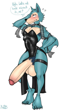 5_toes anthro armpit_hair balls big_balls big_penis black_clothing black_dress black_nose blue_body blue_fur blush body_hair claws clothing dialogue dress embarrassed exposed feet fur furry_tail genitals glans glitter hand_on_face huge_penis light_body light_skin looking_at_viewer makeup male nipple_outline penis penis_poking_out pubes slim_anthro slim_male small_waist snout solo tail talking_to_viewer text toes bobthetanuki beastars legoshi_(beastars) canid canine canis mammal wolf 2023 english_text hi_res