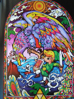 ambiguous_gender cloud detailed_background duo fight hyrule male melee_weapon midair moon sea shield ship stained_glass star sun sword toony vehicle water watercraft weapon unknown_artist nintendo the_legend_of_zelda wind_waker link toon_link valoo human mammal detailed source_request traditional_media_(artwork)
