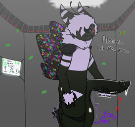 anthro being_watched blush bodily_fluids genital_fluids genitals hyper hyper_genitalia looking_at_another male money needy precum solo text torture pastylab arthropod insect lepidopteran moth english_text hi_res