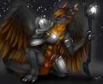 anthro armor balls biped black_body black_fur blue_eyes brown_hair claws digitigrade ear_piercing erection feathered_wings feathers feet fur genitals glowing glowing_markings hair hindpaw horn jewelry looking_at_viewer male markings melee_weapon nude orange_hair paws penis piercing polearm runes simple_background solo spread_legs spreading staff star tail weapon wings yellow_horn conditional_dnp tojo_the_thief mythology sandalf dragon feathered_dragon feathered_scalie furred_dragon furred_scalie mythological_creature mythological_scalie northern_dragon scalie