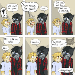 angry anthro black_hair blonde_hair blue_eyes cheek_tuft dialogue duo ears_down exclamation_point eye_contact facial_tuft flannel_shirt fur grey_body grey_fur hair hand_on_arm logo looking_at_another looking_away male page_number pivoted_ears shocked side_hug six_frame_image smile smiling_at_another smirk text toothy_grin tuft wide_eyed yellow_body yellow_fur kriek_wildebeest jeremy_(kriek_wildebeest) tom_(kriek_wildebeest) border_collie canid canine canis collie domestic_dog herding_dog husky hybrid mammal nordic_sled_dog pastoral_dog sheepdog spitz wolf 1:1 artist_logo comic english_text hi_res multiple_scenes