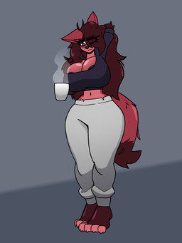 anthro areola areola_slip beverage big_breasts big_feet biped black_areola bottomwear breasts clothed clothing coffee coffee_mug crossgender feet female female_anthro front_view fur huge_breasts pants red_body red_fur simple_background solo standing sweatpants thick_thighs tired tired_eyes wide_hips lemondude veronica_(lemondude) canid canine fox mammal 3:4 absurd_res hi_res