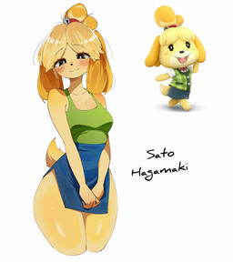 anthro blonde_hair blush breasts clothing collarbone eyebrows eyelashes female fur glistening glistening_body glistening_thighs hair smile solo wide_hips yellow_body yellow_fur sato_hagamaki animal_crossing nintendo isabelle_(animal_crossing) canid canine canis domestic_dog mammal shih_tzu toy_dog 2026 hi_res