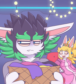 4_fingers anthro basket black_claws black_hair blonde_eyebrows blonde_hair blue_ear_piercing blue_eyes blue_pupils blue_wall blush bottomwear breasts cheek_tuft claws closed_frown clothed clothed_anthro clothed_female clothing container crown duo ear_piercing ears_down eyebrow_through_hair eyebrows eyelashes eyes_closed facial_tuft fangs female female_anthro finger_claws fingers frown fully_clothed fully_clothed_anthro fully_clothed_female fur gem green_hair grey_clothing grey_shirt grey_t-shirt grey_topwear hair headgear holding_basket holding_container holding_object inside laundry laundry_basket light long_ears long_hair mouth_closed multicolored_body multicolored_hair narrowed_eyes noseless open_mouth open_smile pants piercing pink_bottomwear pink_clothing pink_inner_ear pink_pants pink_robe pink_shirt pink_topwear pivoted_ears pupils purple_clothing red_chair red_tongue robe ruby_(gem) sapphire_(gem) shirt short_hair smile spiky_hair squint string_lights t-shirt tan_body tan_eyelids tan_skin teeth text thick_eyebrows tongue topwear translucent translucent_hair tuft two_tone_body two_tone_hair wall_(structure) white_body white_fur yellow_clothing gaypastabake mario_bros mario_plus_rabbids_kingdom_battle mario_plus_rabbids_sparks_of_hope nintendo raving_rabbids rayman_(series) ubisoft edge_(mario_plus_rabbids) rabbid_peach lagomorph mammal rabbid 2024 artist_name colored crossover digital_drawing_(artwork) digital_media_(artwork) english_description hi_res lighting shaded