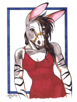 anthro female nipple_outline nipples pose solo terrie_smith asinus donkey equid equine giraffid hybrid mammal okapi 2004 absurd_res hi_res pinup signature traditional_media_(artwork)