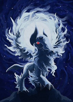 2_horns abstract_background ambiguous_feral ambiguous_gender arm_tuft bangs chest_tuft claws countershade_arms countershade_feet countershading feet feral forehead_gem fur gaze gem hair hair_over_eye haunting horn leg_tuft long_bangs long_hair looking_at_viewer mane mane_hair moon mouthless one_eye_obstructed pose quadruped red_eyes shadow solo spread_wings tail tuft white_body white_fur wings 7_phi_3 nintendo pokemon generation_6_pokemon mega_absol mega_evolution pokemon_(species) 2026 colored digital_drawing_(artwork) digital_media_(artwork) hi_res japanese_description shaded