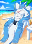 abs anthro beach blue_body clothing horn male muscular muscular_anthro muscular_male seaside solo speedo swimwear tail dragonjourney mythology dragon mythological_creature mythological_scalie scalie absurd_res hi_res