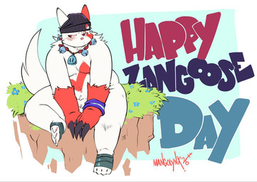 anthro beanie blush claws clothing feet foot_wraps fur hair hat headgear headwear jewelry looking_away male markings mostly_nude necklace overweight overweight_anthro overweight_male red_body red_eyes red_markings simple_background solo soothe_bell tail white_body white_fur wraps wristband mangolynx nintendo pokemon zangoose_day generation_3_pokemon mammal pokemon_(species) zangoose digital_media_(artwork)