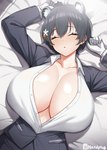 big_breasts black_hair blush breasts cleavage clothed clothing eyelashes eyes_closed female flower_hair_accessory gloves hair handwear huge_breasts human_and_animal_ears inner_ear_fluff lying multi_ear no_bra on_back shirt sleeping solo topwear tuft unbuttoned_shirt handplug blue_archive tsubaki_(blue_archive) animal_humanoid canid canid_humanoid canine canine_humanoid humanoid mammal mammal_humanoid tanuki_humanoid hi_res