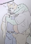 anthro bottomwear bulge clothing detailed_bulge duo erection erection_under_clothing genital_outline hug kemono male male/male pants penis_outline shirt simple_background slightly_chubby text topwear inotetu akita canid canine canis domestic_dog mammal spitz 2023 english_text hi_res