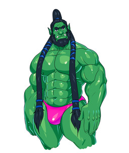 5_fingers abs barazoku beard big_muscles big_teeth black_eyebrows black_hair blue_eyes bottomwear braided_hair clothed clothing eyebrows facial_hair fangs fingers front_view frown green_body green_nipples green_skin hair huge_muscles humanoid_hands humanoid_pointy_ears light long_hair male manly muscular muscular_arms muscular_humanoid muscular_male navel nipples not_furry obliques pecs pink_bottomwear pink_clothing pointy_ears quads serratus simple_background skimpy solo speedo swimwear teeth topless triceps tusks white_background wide_nose chesschirebacon blizzard_entertainment warcraft thrall_(warcraft) humanoid mammal orc 2017 colored digital_media_(artwork) hi_res portrait shaded three-quarter_portrait