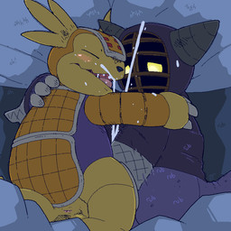 anthro bed blush bodily_fluids cum duo frottage furniture genital_fluids glowing glowing_eyes handjob kendo_men_mask male male/male martial_arts_uniform mask orgasm penile penises_touching sex simultaneous_orgasms sleep_sex sleeping sports_mask sportswear argon_vile bandai_namco digimon armadillomon digimon_(species) kotemon 1:1 aliasing digital_media_(artwork)