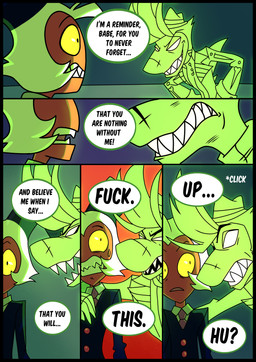 black_border border dialogue duo green_glow imagination male tear_trough text traumatized kato777 hellaverse helluva_boss chazwick_thurman moxxie_(helluva_boss) absurd_res comic english_text hi_res