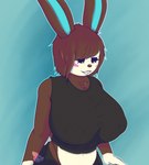 absurd_res animal_crossing anthro big_breasts blush bottomwear breasts brown_body buckteeth carmen_(animal_crossing) chest_tuft clothed clothing female fur fur_tuft hair hare hi_res highlights_(coloring) lagomorph leporid looking_down mammal multicolored_body nintendo nipple_outline outline rabbit shirt simple_background skimpy skirt smile solo sp_advanced teeth thong_straps topwear tuft