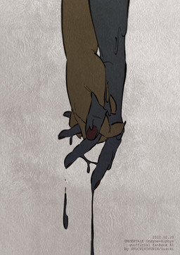 4_fingers 5_fingers ambiguous_gender blue_body blue_skin duo faceless_ambiguous faceless_character fingers hand_holding interlocked_fingers text yellow_body yellow_skin yuzuki_fang111 undertale_(series) alphys undyne goo_creature english_text