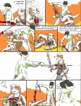 anthro blood bodily_fluids canid canine canis clothed clothing comic death dialogue domestic_dog dragon dranz_(reiger) english_text fight glaive group killing male mammal melee_weapon mythological_creature mythological_scalie mythology pain polearm reiger sad scalie sword tail text topless violence weapon