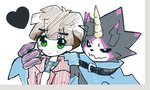 anthro belt black_body black_sclera blush brown_hair cape clothing duo glowing glowing_eyes green_eyes hair horn male male/male juglans_b612 bandai_namco digimon digimon_ghost_game hiro_amanokawa digimon_(species) gulusgammamon human mammal