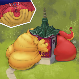 anthro belly big_belly big_butt butt claws facial_hair fangs hanging_belly horn huge_belly huge_butt hyper hyper_belly hyper_butt immobile long_mustache male morbidly_obese morbidly_obese_anthro morbidly_obese_male multiple_chins mustache navel nude obese obese_anthro obese_male open_mouth outgrowing_building overweight overweight_anthro overweight_male raised_tail scales solo stuck tail tail_tuft teeth thick_tail tuft wide_eyed dragontzin disney mulan_(1998) mythology mushu_(disney) dragon eastern_dragon mythological_creature mythological_scalie scalie 1:1 2026 hi_res signature