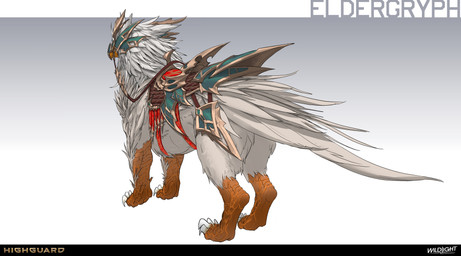 4_toes ambiguous_feral ambiguous_gender armor beak beak_closed blue_helmet claws company_name feathers feet feral gradient_background headgear helmet horn horned_helmet light mouth_closed multicolored_body neck_tuft orange_beak quadruped reins saddle simple_background solo standing tail text three-quarter_view toe_claws toes tuft white_body white_claws white_feathers white_tail white_tail_feathers nicholas_patrick_kelana highguard_(game) avian bird eldergryph 2026 absurd_res colored concept_art digital_drawing_(artwork) digital_media_(artwork) english_description english_text hi_res lighting official_art shaded