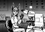 anthro beady_eyes chair clothing eyewear female freckles furniture gesture glasses gloves handwear laboratory laboratory_equipment looking_at_viewer microscope scientific_instrument scientist sitting solo waving waving_at_viewer hladilnik buffy_(hladilnik) bat leaf-nosed_bat mammal microbat vampire_bat yangochiropteran 2022 black_and_white hi_res monochrome