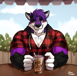 anthro beverage black_eyebrows black_markings black_nose black_pawpads blue_eyes blush button_(fastener) chest_tuft claws clothing container countershade_face countershade_torso countershading cup dipstick_ears drinking_straw ear_markings ear_piercing ear_ring eyebrows fur gloves_(marking) hair ice ice_cube looking_aside male male_anthro markings multicolored_ears muscular muscular_anthro muscular_male pattern_clothing pattern_shirt pattern_topwear pawpads piercing pointy_ears prick_ears purple_body purple_fur purple_hair ring_piercing sharp_teeth shirt smile teeth thick_eyebrows topwear tuft white_markings blazekemono shyloc canid canine fox mammal absurd_res half-length_portrait hi_res portrait shaded soft_shading
