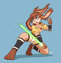 action_pose anthro arm_tuft blue_eyes breasts brown_body brown_fur brown_hair clothing elbow_tuft eyebrows eyelashes feet female fur green_lightsaber hair lightsaber melee_weapon neck_tuft open_mouth ponytail pose solo tan_body tan_fur tuft weapon powree star_wars star_wars_visions lop_(star_wars_visions) lagomorph lepi leporid mammal rabbit 2026 hi_res