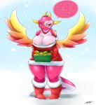 2015 anthro armwear averyshadydolphin big_breasts blush boots breasts christmas clothed clothing curvy_figure dialogue digital_media_(artwork) dragon dress english_text feet female footwear gift gloves handwear heart_body_mark heart_symbol heartlandraco hi_res holidays konami markings mythological_creature mythological_scalie mythology non-mammal_breasts pink_body pink_skin red_armwear red_clothing red_eyes red_footwear red_topwear reptile scalie shoes short_stack simple_background snow snowing solo speech_bubble star star_(marking) tail text thick_thighs topwear tsundere voluptuous wide_hips wings yu-gi-oh!