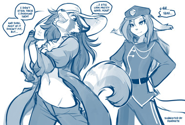 anthro baseball_cap biped bottomwear breasts chest_tuft cleavage clothed clothed_anthro clothed_female clothing coat dialogue duo female fingers front_view fully_clothed fully_clothed_anthro fully_clothed_female fur hair hat headgear headwear looking_at_another midriff navel open_clothing open_coat open_mouth open_smile open_topwear police police_uniform simple_background smile standing tail text topwear tuft uniform white_background conditional_dnp tom_fischbach twokinds raccoon_girl_(tom_fischbach) victoria_(twokinds) basitin keidran mammal procyonid raccoon 2026 blue_and_white digital_drawing_(artwork) digital_media_(artwork) english_text hi_res monochrome sketch